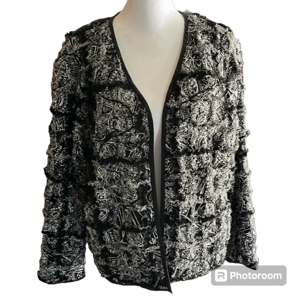 Chico's Vintage Black Silk Blend Ruffle Sequin Open Jacket Size 1 (M)